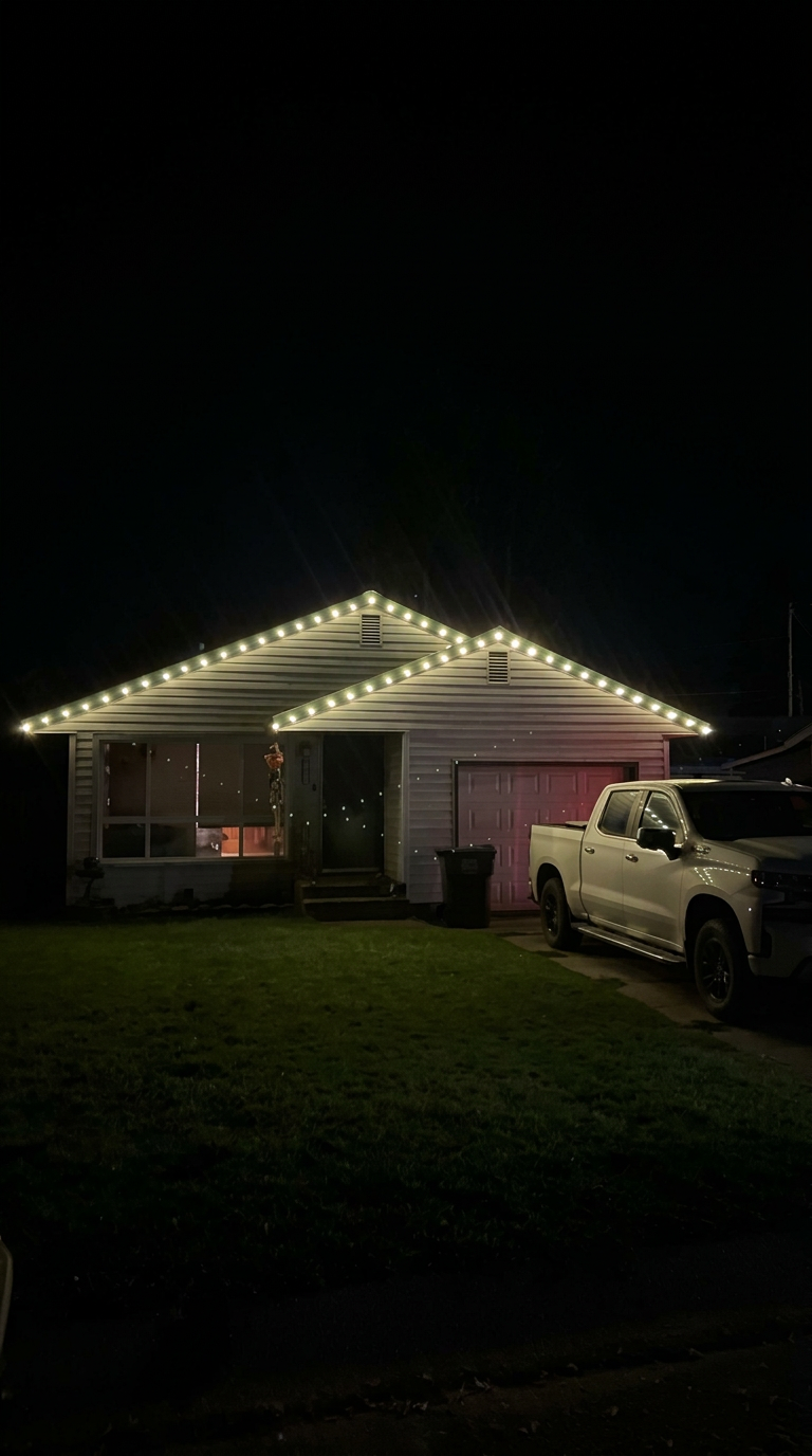 Home with warm white roofline Christmas lights at night